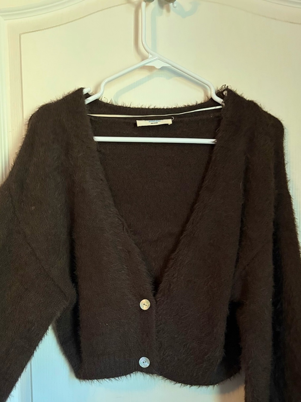 Women's Fuzzy V-Neck Cardigan Sweater - Brown